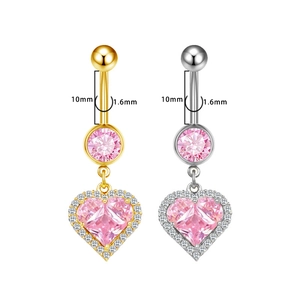 Fashion heart-shaped belly button ring with pink gems and crystal halo in gold and silver