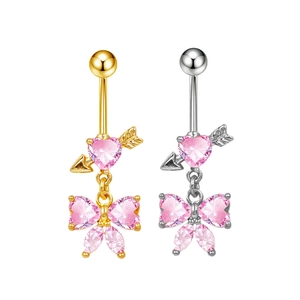 Piercing all'ombelico a cuore e fiocco con gemme rosa, versioni in oro e argento lucido