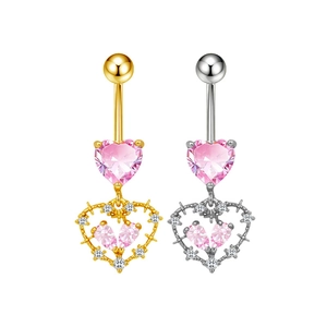 Piercing ombelico a cuore in oro e argento con pietre di zircone rosa e dettagli a fiocco