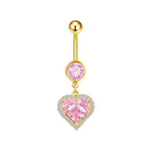 Detailed view of a gold belly ring featuring a pink heart zircon and pave set diamonds
