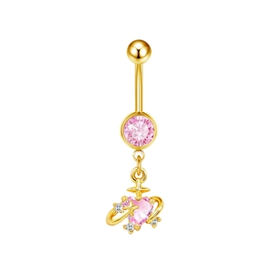 Piercing per ombelico dorato con luna in zircone rosa e ciondolo a cuore brillante
