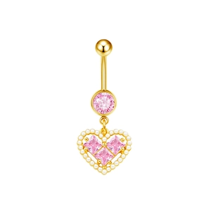 Detailed view of a golden belly ring featuring a pink gem and pearl-lined heart pendant