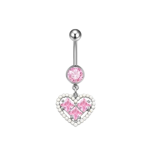 Detailed view of silver navel ring with pink heart zircon and small white pearl edge