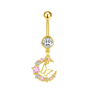 Detail of gold belly button ring with crescent moon and pink butterfly pendant charms