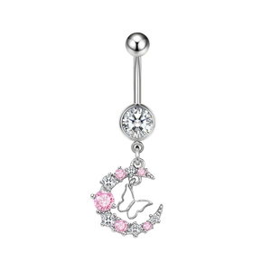 Detailed view of silver belly ring with crescent moon and pink butterfly pendant