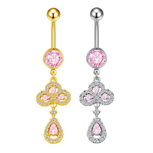 Fashionable heart and moon belly button rings with pink heart crystal in gold and silver