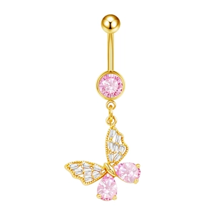 Golden butterfly belly button ring with pink and white zircon stones on white background