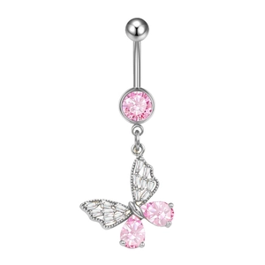 Close-up of butterfly belly ring with pink cubic zirconia and polished silver finish