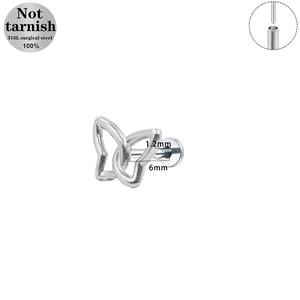Surgical 316L steel butterfly labret stud with 1.2x6mm internal thread design