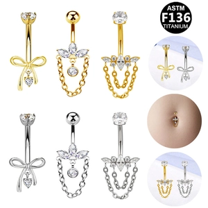 Piercing all'Ombelico in Titanio ASTM F136 con Fiocco in Strass e Pendente a Cuore Catena con Nappine Gioielli per il Corpo Donna
