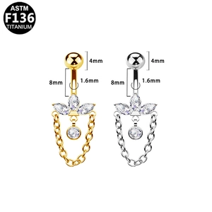 Piercing per ombelico in titanio G23 con zircone marquise e pendente a catenella