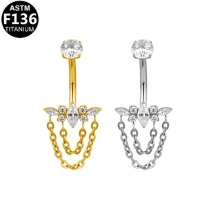 Piercing ombelico in titanio ASTM F136 con zircone marquise e doppia catenina