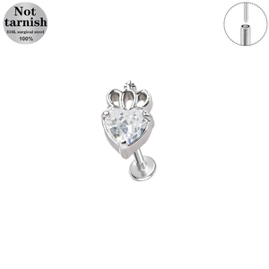 Detailed view of 316L surgical steel labret with heart zircon and crown top design