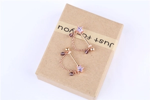 Detail of star-shaped rose gold nipple rings with purple crystals on a gift box
