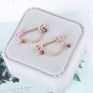 Stainless Steel Nipple Ring Star Shaped Rhinestone Dangle Chain Body Piercing Jewelry Rose Gold Water Drop Nipple Barbell For Women