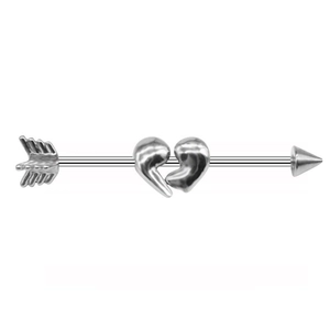 Industrial barbell earring in heart arrow design made of polished stainless steel