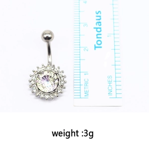 Sunflower belly ring with iridescent crystal center and size scale on white background