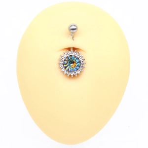 Surgical steel belly ring with iridescent round stone and radiant crystal halo