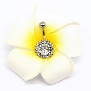 Sunflower belly button ring with sparkling zircon stones and polished silver finish