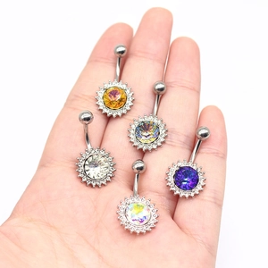 Five-piece set of stainless steel belly button rings with sunflower crystal design