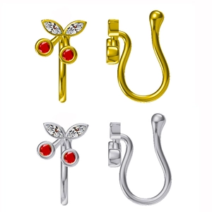 Golden and silver cherry nose cuffs with red zircon crystals and non-pierced U-shaped design