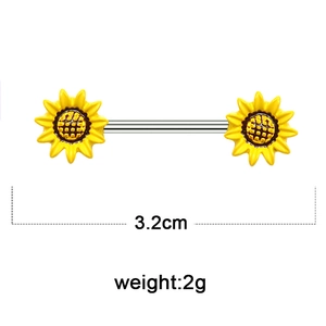 Sunflower nipple ring body piercing jewelry in yellow and silver with 3.2cm length