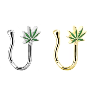 U-shaped clip-on nose rings featuring green leaf charms in gold and silver metal finishes