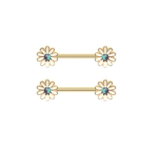 Golden sunflower nipple rings set with white petals and iridescent blue core stones