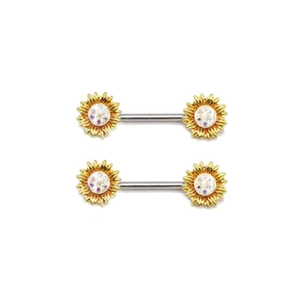 Pair of sunflower nipple rings with gold finish and white crystal insets on white background
