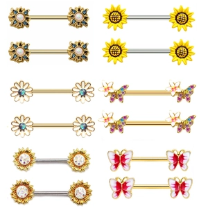 Stainless Steel Zinc Alloy Rhinestone Nipple Ring Sunflower Butterfly Daisy Body Piercing Jewelry For Women Trendy Stud