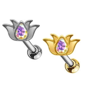 Paio di piercing a fiore di loto con zircone iridato in finiture argento e oro