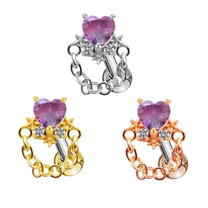 Tre piercing per ombelico a cuore con zircone viola in argento oro e oro rosa