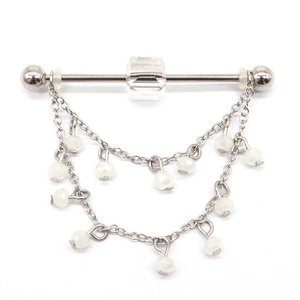 Silver industrial piercing bar with square crystal and double layer hanging beaded chains