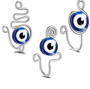 Three-piece silver evil eye nose clip set for non-pierced jewelry wearers