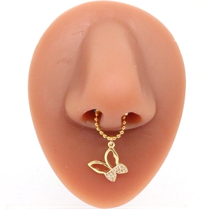 Golden stainless steel butterfly septum ring with zircon beads on model