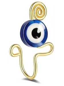 Gold-plated Evil Eye non-piercing nose ring cuff with blue glass bead on white background