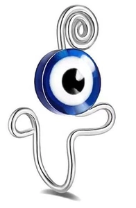 Detailed view of silver non-pierced evil eye nose clip with blue and white resin bead
