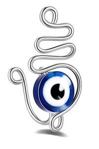 Detail of silver wire wrapped non-piercing nose clip featuring a blue evil eye bead