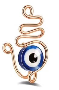 Detailed view of handcrafted rose gold Evil Eye non-piercing nose clip with blue bead detail