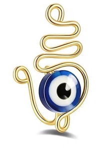 Detailed macro view of the golden spiral wire evil eye nose cuff with blue bead focus