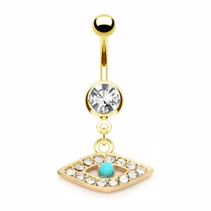 Goldener Bauchnabelpiercing Evil Eye mit blauer Perle und funkelnden Zirkonia