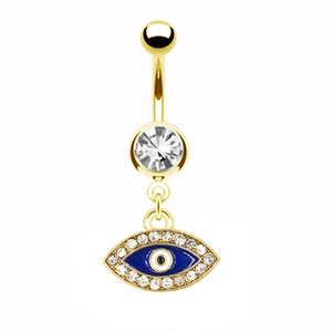 Goldener Bauchnabelpiercing mit blauem Evil Eye Anhänger und glitzernden Zirkonias