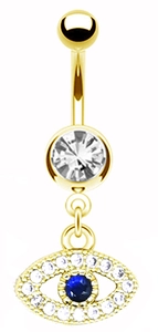 Detailansicht goldener Bauchnabelpiercing Evil Eye mit blauen und weißen Kristallen
