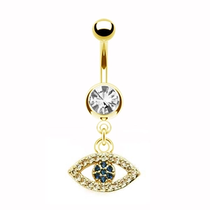 Nahaufnahme eines goldenen Bauchnabelpiercings mit blauem Evil Eye Anhänger und Zirkonia