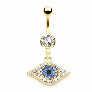 Detailansicht eines goldenen Evil-Eye-Bauchnabelpiercings mit funkelnden Zirkoniasteinen