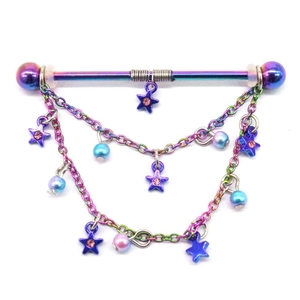 Rainbow industrial barbell with dual chains, blue stars, and pink rhinestones