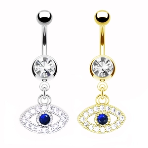 Bauchnabelpiercing-Set Böser Blick in Silber und Gold mit blauem Zirkonia-Anhänger