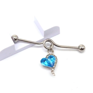 Industrial barbell earring in stainless steel with a blue crystal heart pendant
