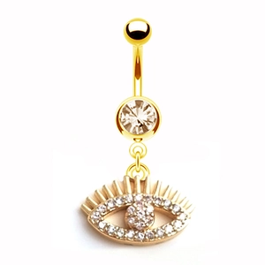 Detail eines goldenen Bauchnabelpiercings mit Evil-Eye-Anhänger und Zirkonia-Steinen