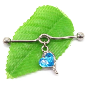 Silver industrial barbell earring with blue crystal heart and white rhinestones